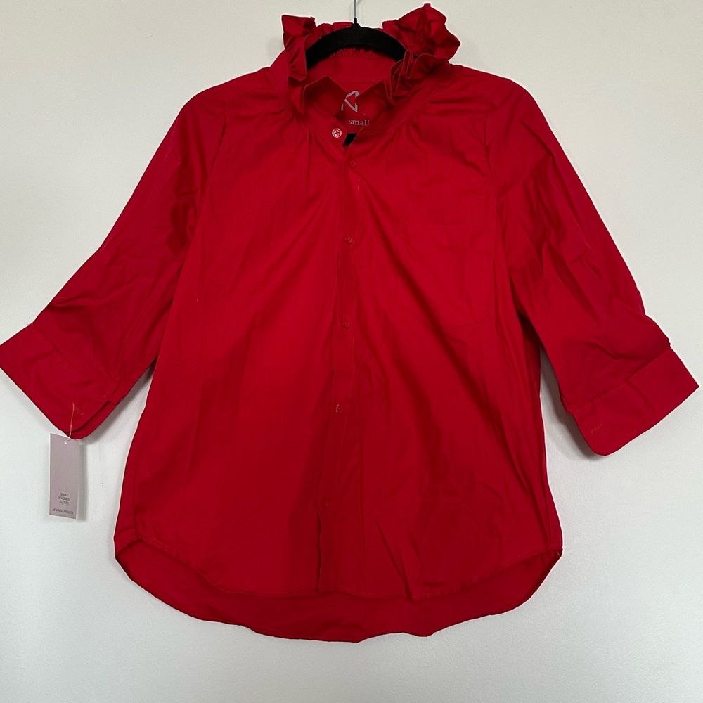 Vibrant Red Casual Button Down Shirt with Ruffled Collar